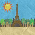 Eiffel Tower, Paris. France In Stitch Style On Paper Texture Bac Stock Photo