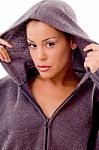 Fashionable Woman Covered Herself With Hood Jacket Stock Photo