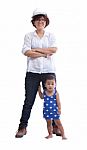 Female Engineer With Baby Standing Beside Stock Photo