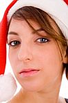 Front View Of Woman In Christmas Hat Stock Photo