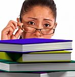 Girl Holding Spectacles With Books Stock Photo