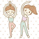 Girl Practising Yoga, Cartoon Illustration Stock Photo