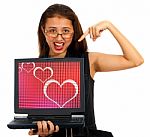 Girl Showing Hearts On Laptop Stock Photo