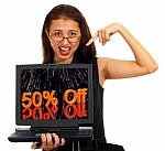 Girl Showing Offer In Laptop Stock Photo