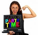 Girl Showing Party Time In Laptop Stock Photo