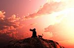 Girl Sitting With Her Cat Looking To The Sunset Sky,3d Rendering Stock Photo