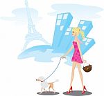 Girl Walking In Paris With Poodle Dog Stock Photo