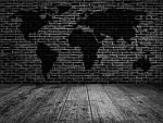 Grunge Black And White Room Decorated With  World Map On Brick W Stock Photo