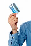 Guy Showing Credit Card, Cropped Image Stock Photo