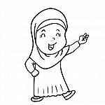 Hand Drawing Muslim Girl Cartoon With Victory Sign - Illus Stock Photo