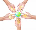Hand Holding Different Currency Symbols Stock Photo