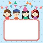 Happy Boy And Girl With White Board On Party Theme Background Stock Photo