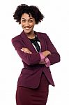 Happy Business Woman With Hands Folded Stock Photo
