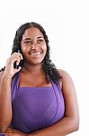 Happy Woman Speaking At Her Telephone Stock Photo