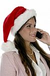 Happy Woman With Mobile And Santacap Stock Photo