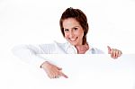 Happy Young Female Holding A Blank Billboard Stock Photo