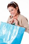Happy Young Woman With Shopping Bags On White Stock Photo