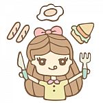 Hungry Girl Ready To Eat, Cartoon Illustration Stock Photo