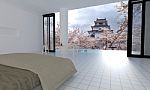 Japan Style Interior With Sakura Flower Tree-3d Rendering Stock Photo