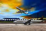 Jet Plane Flying Over Runways And Beautiful Dusky Sky With Copy Stock Photo