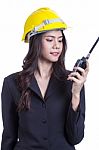 Lady Engineer With Walkie Talkie Stock Photo