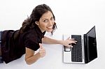 Laying Woman With Laptop And Looking Upward Stock Photo