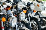 Line Up Headlight Of Motorcycles Stock Photo