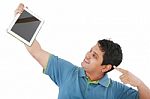 Man Pointing Touch Pad Tablet Pc Stock Photo