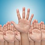 Many Hands Raise High Up Stock Photo