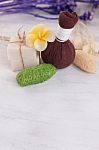 Massage Ball And Spa Aromatherapy Products On Wooden Background Stock Photo
