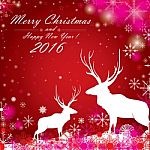 Merry Christmas And Happy New Year. The Colorful Snow And White Reindeer On Red Background Stock Photo