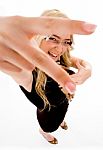 Model Showing Victory Peace Hand Gesture Stock Photo