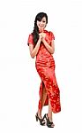 Pretty Girl With Cheongsam Wishing You A Happy Chinese New Year Stock Photo