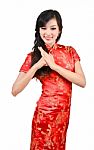 Pretty Girl With Cheongsam Wishing You A Happy Chinese New Year Stock Photo
