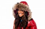Pretty Woman In Red Jacket Over White Stock Photo