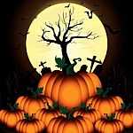 Pumpkin And Bats In Big Moon Night On Black Sky Of Happy Halloween Stock Photo