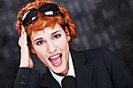 Red Hair Woman With Big Sun Glasses Stock Photo
