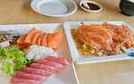 Salmon Fish And Other Fish Raw On Table Wood Stock Photo