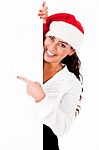 Santa Girl Pointing White Board Stock Photo