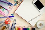 School And Office Supplies On Wood Background. Back To School Stock Photo