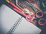 School And Office Supplies With Notebook ,over Office Table. Top Stock Photo