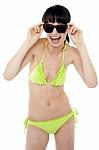 Sexy Model In Green Lingerie Adjusting Her Sunglasses Stock Photo