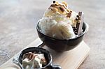 Shaved Ice Dessert With Brown Sugar And Condensed Milk Stock Photo