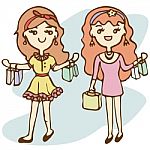 Shopping Girls With Shopping Bag, Cartoon Illustration Stock Photo