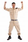 Shouting Soldier Raising Hands Stock Photo