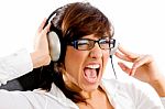Shouting Woman Listening Music Stock Photo
