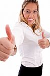 Side View Of Smiling Accountant Showing Thumb Up Stock Photo