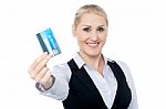 Smart Business Lady Holding Credit Card Stock Photo
