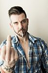 Smoking Man Middle Finger Stock Photo