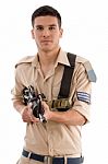 Soldier With Gun In Hands Stock Photo